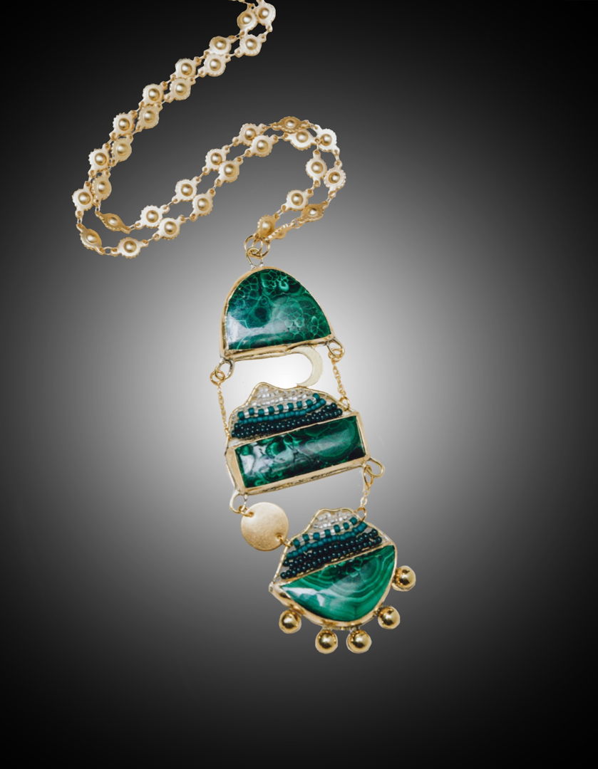 18k Gold Filled metal framed interwoven with Glass Seed Beads. Set with Malachite.