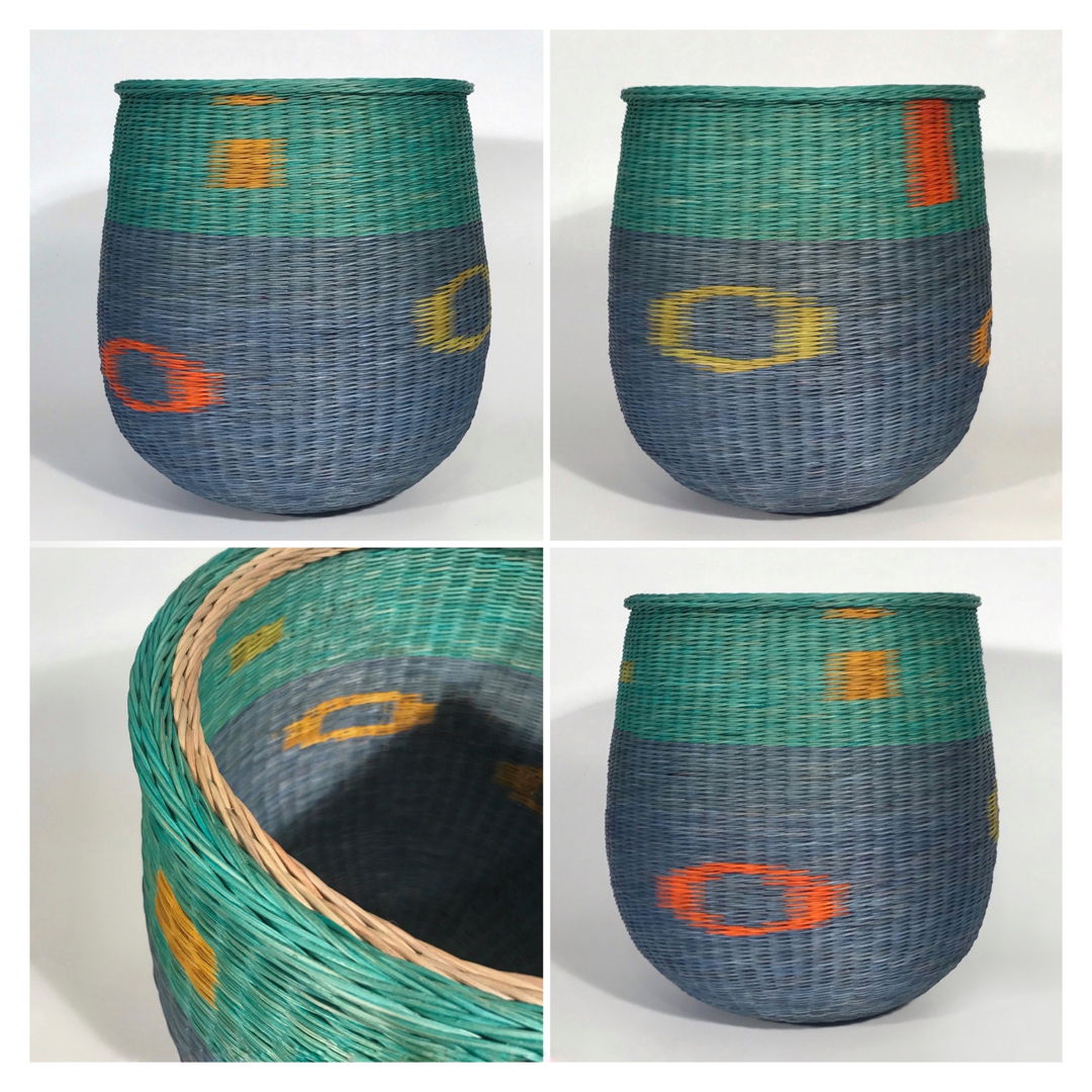 Artist dyed rattan reed  woven with traditional tapestry techniques and finished with Encaustic Medium to seal and protect the inside and outside surfaces.