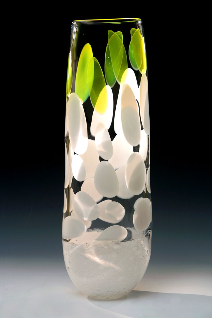Blown glass form with bubble incalmo  white dot murrinis and a crown of citron dots.