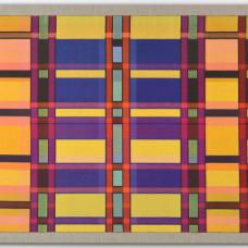 Handwoven of fine cotton thread. Finished cloth is hand sewn to a linen canvas stretched over a wooden frame to hang on the wall.