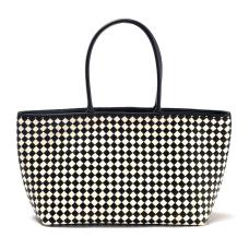 This checkered purse was handwoven from individually hand-cut  edge-thinned and edge-dyed black and oil-tanned white goatskin strips the traditional way for a seamless finish. Provided with solid/rounded English bridle leather handles  a zipper closure  and inside lining that is fused and laminated.
