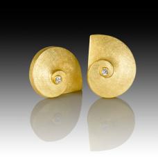 18k gold &amp;quot;nautilus&amp;quot; spirals with white round SI 3mm diamond set at center in 22k gold bezel  on post.