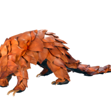 Sculptural leather creature inspired by Pangolins. Wire armature  leather body with hundreds of wet-formed and dyed individual scales stitched onto the body. Rawhide claws  stone snout.