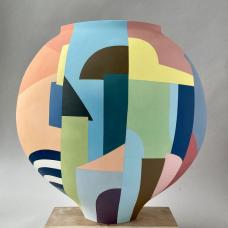 Made from thin slabs of pigmented porcelain fitted together and sanded  backed with white porcelain  cone 7 fired. Surface shows abstract imagery of locations and narratives intimate to me.