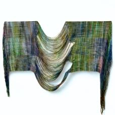 Hand painted and hand dyed tencel yarn handwoven in original design in a modern ikat style to create weft pooling. Non traditional edges woven with raw yarn included to ass movement and create various types of draping. 