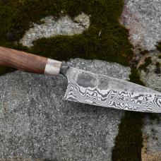 7" chef knife with low-layer damascus steel blade. Handle is Whitetail Antler and Walnut  both sourced from Maryland. 