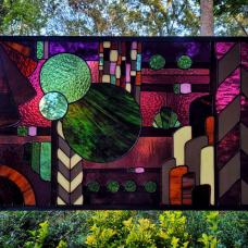 Handcrafted Art Deco abstract  raspberry bramble palette  traditional copper foil method  framed in zinc