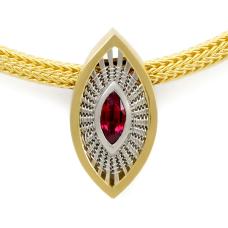 Necklace - hand fabricated &amp;amp; hand woven in 18k gold with platinum weave and setting. Bezel set ruby.