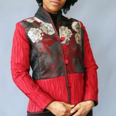 Pieced jacket of iridescent  textured silk with coordinating bias  collar and matching handmade buttons.