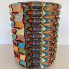 This wood turned vessel of unknown origin became an interesting and challenging surface design. Due to the undulations of the entire surface  surface designs became more flowing along the vertical axis.