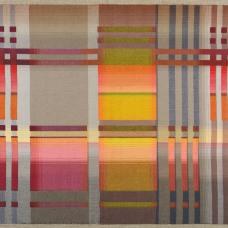 Handwoven of fine cotton thread. Finished cloth is hand sewn to a linen canvas stretched over a wooden frame to hang on the wall.