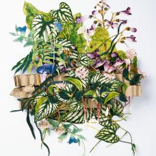 This is a hand cut 3d paper sculpture featuring Japanese floral elements. Each piece is inserted into recycled honeycomb cardboard and glued into place  matted and presented in a shadow box frame