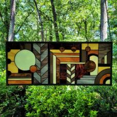 Handcrafted Art Deco abstract  butterscotch palette  traditional copper foil method  framed in zinc