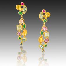 Mixed shape  cut and stones (8ct total: aquamarine  sapphire  emerald  beryl  ruby) set in mosaic style each in 22k gold bezels with 18k backings  spacers  jumprings  on post. 