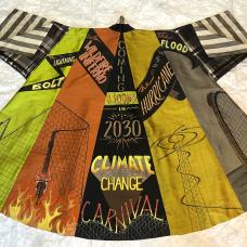 Hand painted on silk. Each panel tells a story  this modernized “kabuki kimono” must be viewed in the round to see its entirety. The price includes a $1000.00 donation to Union of Concerned Scientists.