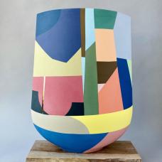 Made from thin slabs of pigmented porcelain fitted together and sanded  backed with white porcelain  cone 7 fired; additional 22k gold luster firing. Surface shows abstract imagery of locations and narratives intimate to me.