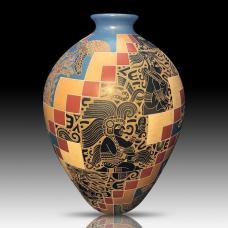 Cuento Maya under the stairways to the heaven with the red fire  blue sky and the turtles under the water