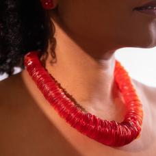 statement necklace with many red disk beads