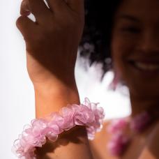 metal cuff bracelet with pink petal-like beads