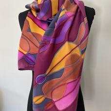 large print scarf with purples and oranges