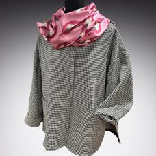 checked jacket with pink scarf