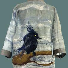 back of a felted jacked with a large black bird