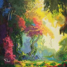 In the heart of a deep forest  a solitary tree stands strong  a testament to resilience and endurance. The lush green leaves  tinged with hints of purple and orange  signal the inevitable change of seasons. This vibrant display of nature’s palette captures the delicate balance between the vitality of late summer and the warm embrace of autumn. The scene invites contemplation of the beauty found in transitions  where every color tells a story of growth  change  and the quiet strength rooted in the earth.