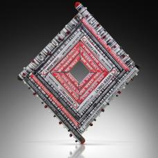 Assorted portions of Expired Manufacturer Coupons including expiration dates and UPC Bar Codes are hand-formed into beads and stitched together with Swarovski Crystal beads and Japanese glass seed beads into the form of a brooch. 2021