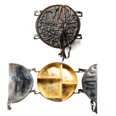 This piece  part of the engorged Eden series made in the wake of hurricane Helene uses images of fingers and references to erosion to tell a story of capitalist overreach and life in climate crisis. I use an adapted form of repousse to form the stainless steel and then polish it. The gold leaf inside is radiant and the drawer interior is black flocking