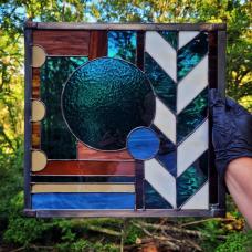 Handcrafted Art Deco abstract  driftwood palette  traditional copper foil method  framed in zinc