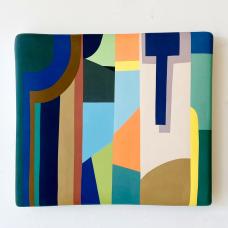 Made from thin slabs of pigmented porcelain fitted together and sanded  backed with white porcelain  cone 7 fired. Surface shows abstract imagery of locations and narratives intimate to me.