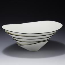 stack of porcelain bowls with black edge.