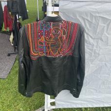 Handmade leather jacket using recycled molas  and recycled leather each jacket is unique