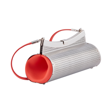 The penne purse is hand fabricated in etched stainless steel with leather gussets and a detachable strap.