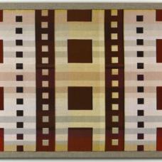 Handwoven of fine cotton thread. Finished cloth is hand sewn to a linen canvas stretched over a wooden frame to hang on the wall.