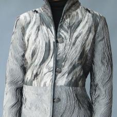 Bethal jacket- pieced of various textures Pieced jacket of iridescent  textured silk with coordinating bias  collar and matching handmade buttons.