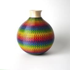 Turned and hollowed Maple vessel embellished with pyrography and hand-dyed with archival ink to give the appearance of a woven basket.