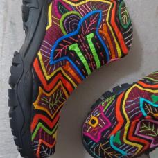 Handmade boots using recycled molas and recycled rubber  each pair is unique