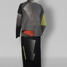 My process begins with knitting the wool   then I felt  dye and finally stitch the separate hand stitched seamless tapestries  which I then incorporate into my clothing.
