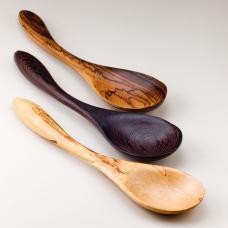 Hand-carved  hand-sanded Serving Spoons in (top to bottom) Zebrawood  Wenge  and Spalted Birdseye Maple. These are not only decorative  but functional and durable. Sold individually.